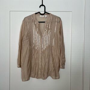 Chico’s Womens Shirt Blouse Size 1 Eyelet Sequin V Neck Long Sleeve Boho Tan